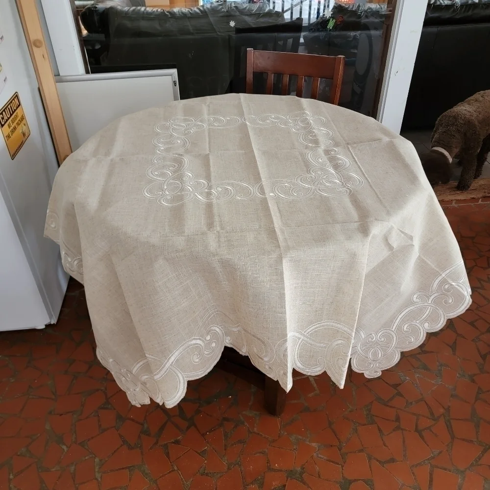 SARO Embroidered Scallop Design Natural Linen Blend Tablecloth Square 67